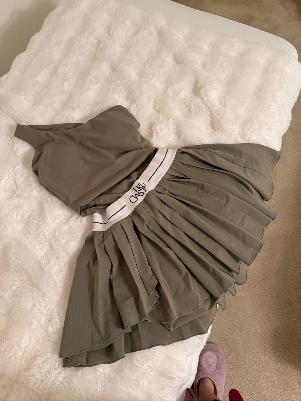 Set Wiskii Branded Pleated Mini Skirt and bodysuit- Olive Green